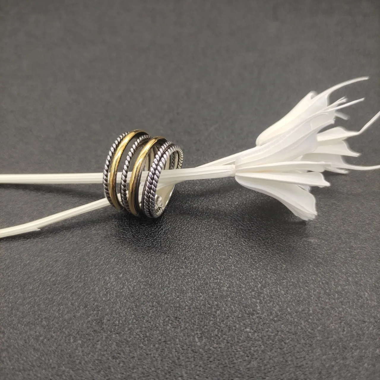 Two-Tone Stacked Rope-Textured Multi-Band Ring 2