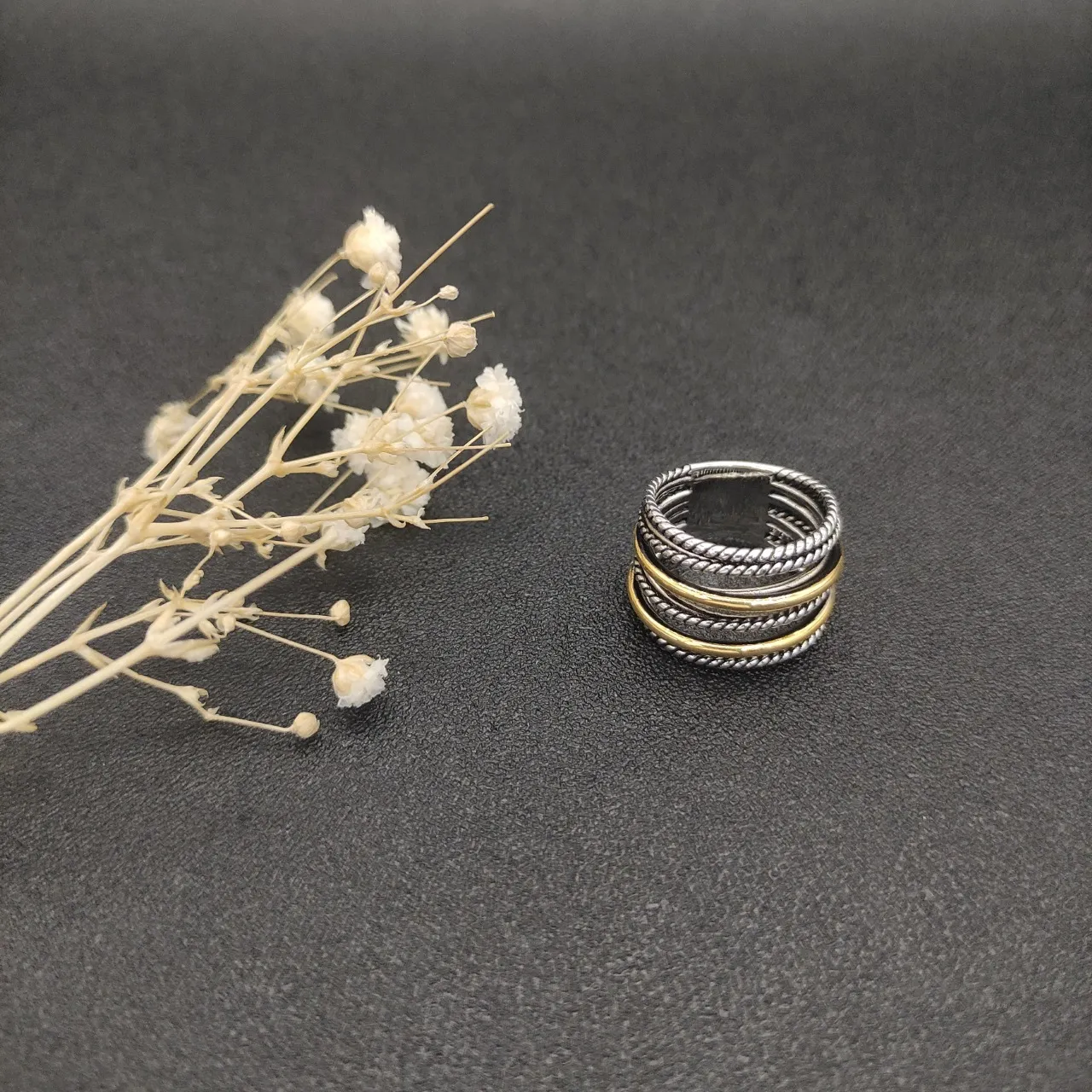 Two-Tone Stacked Rope-Textured Multi-Band Ring 9