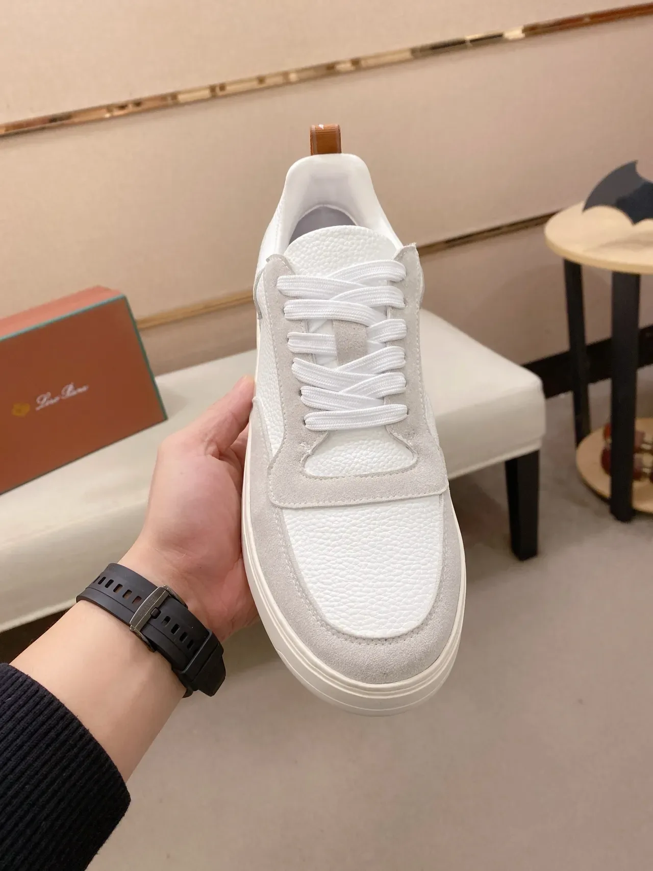 White and Gray Mixed-Material Low-Top Lifestyle Sneakers 5