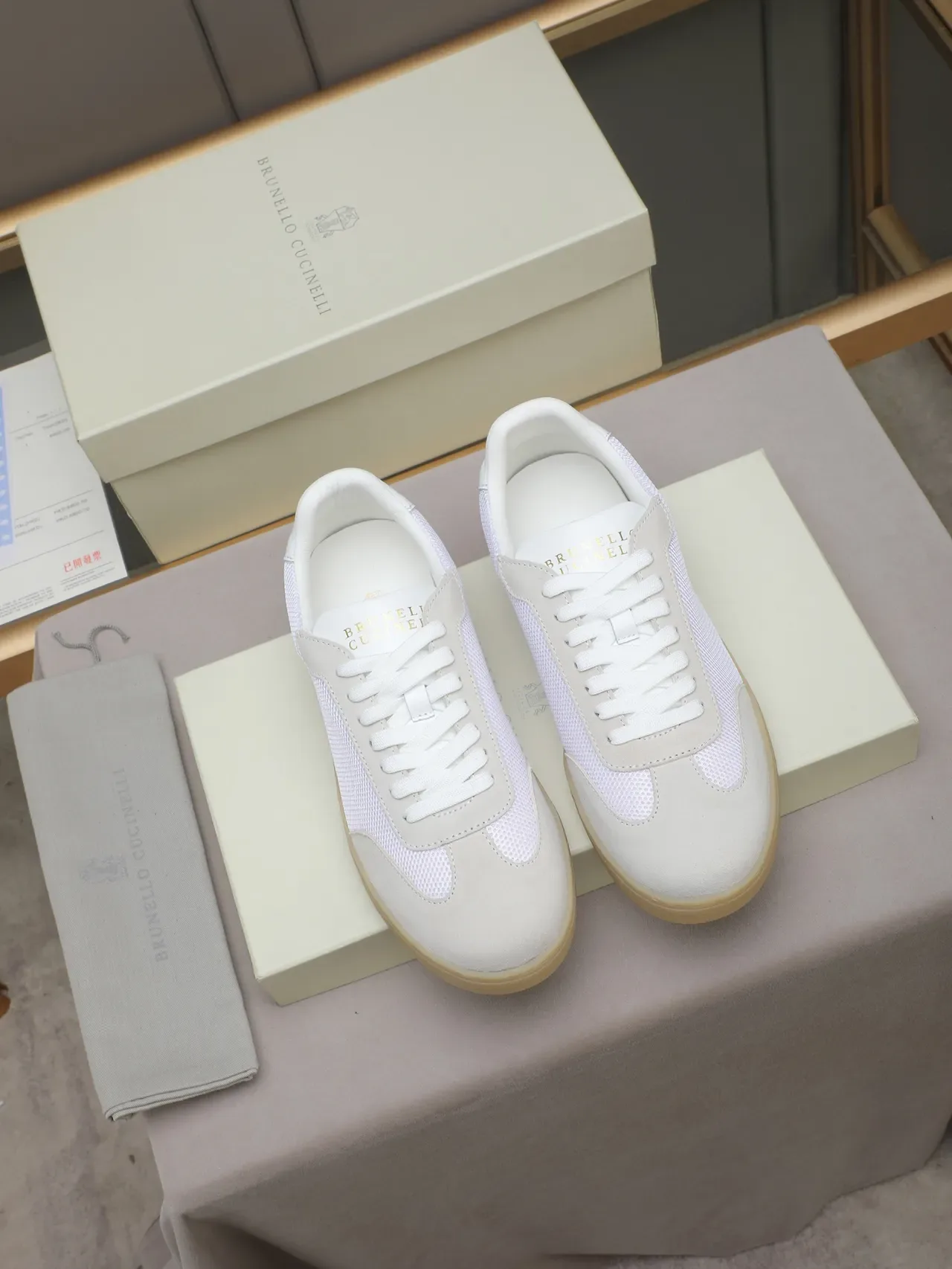 White and Light Gray Mesh-Suede Panelled Low-Top Gum Sole Lifestyle Sneaker 2