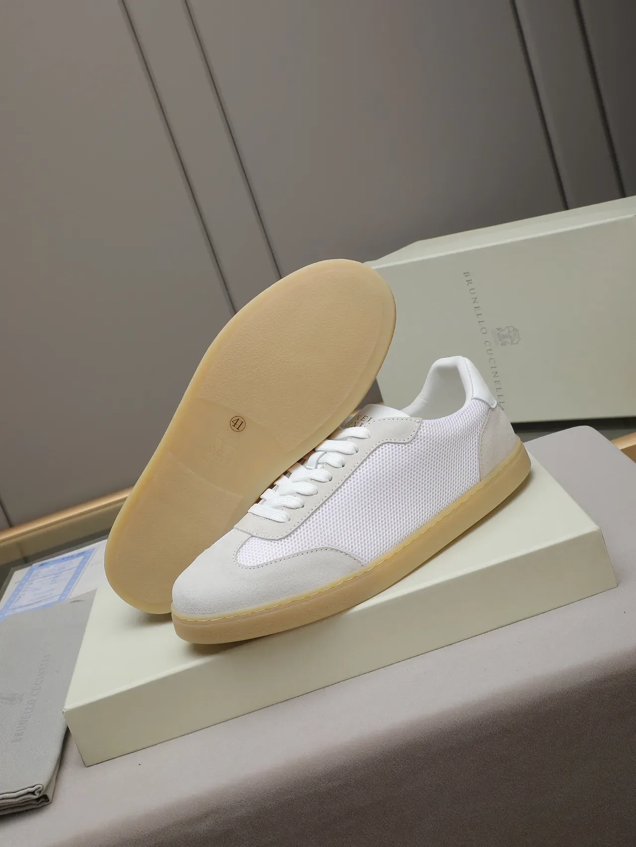 White and Light Gray Mesh-Suede Panelled Low-Top Gum Sole Lifestyle Sneaker 4