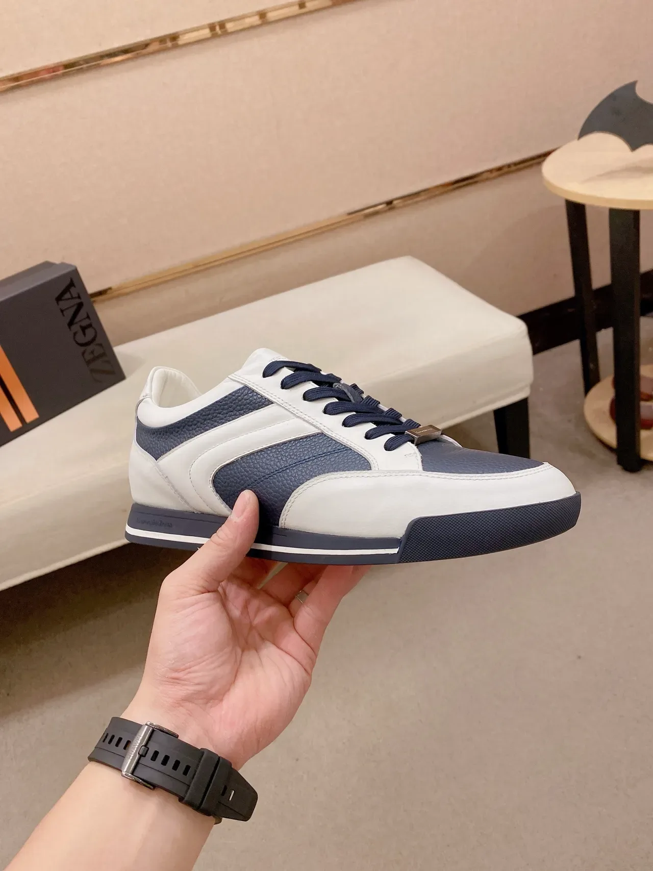White and Navy Two-Tone Leather Lifestyle Sneakers 4