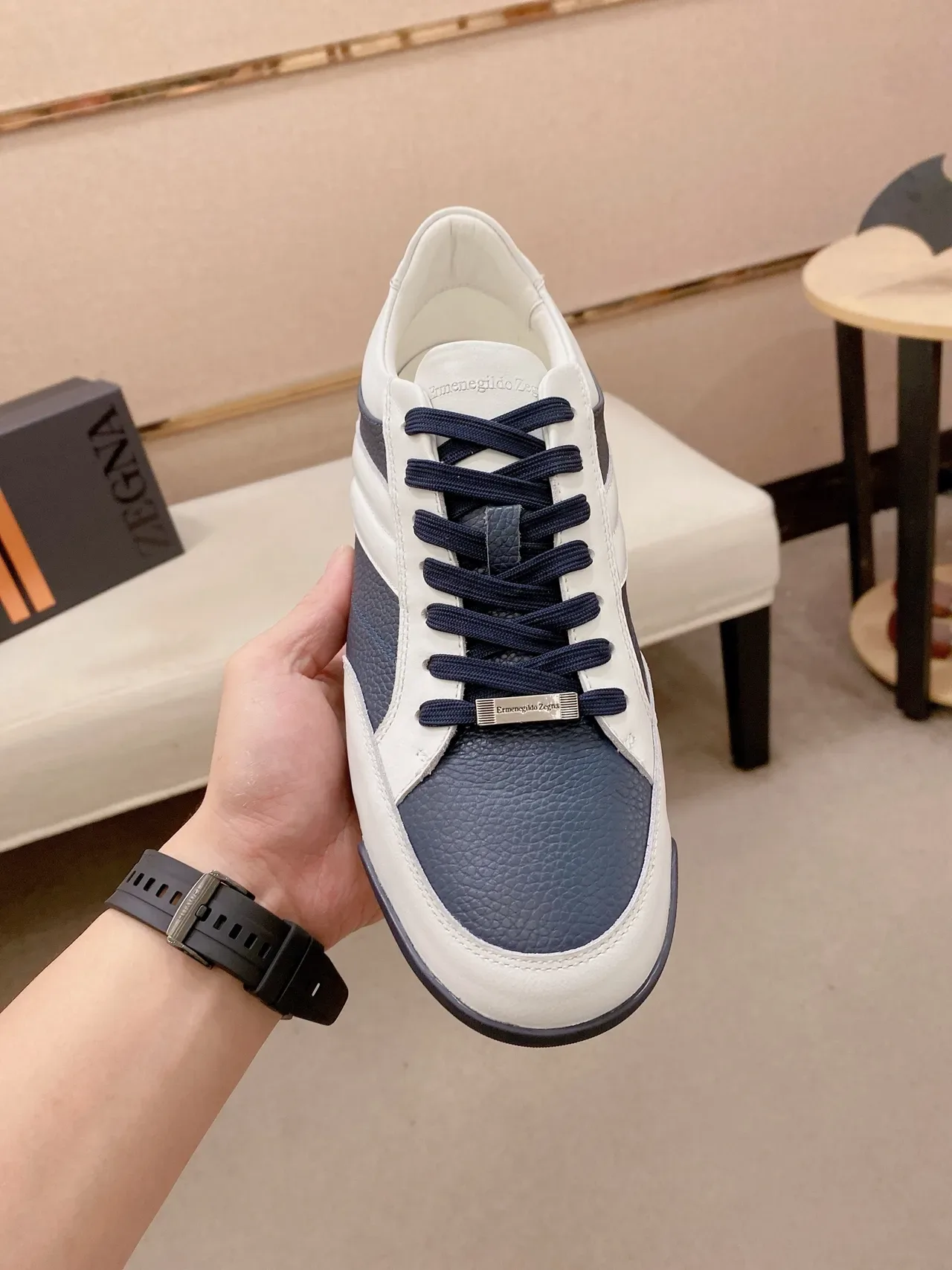 White and Navy Two-Tone Leather Lifestyle Sneakers 5