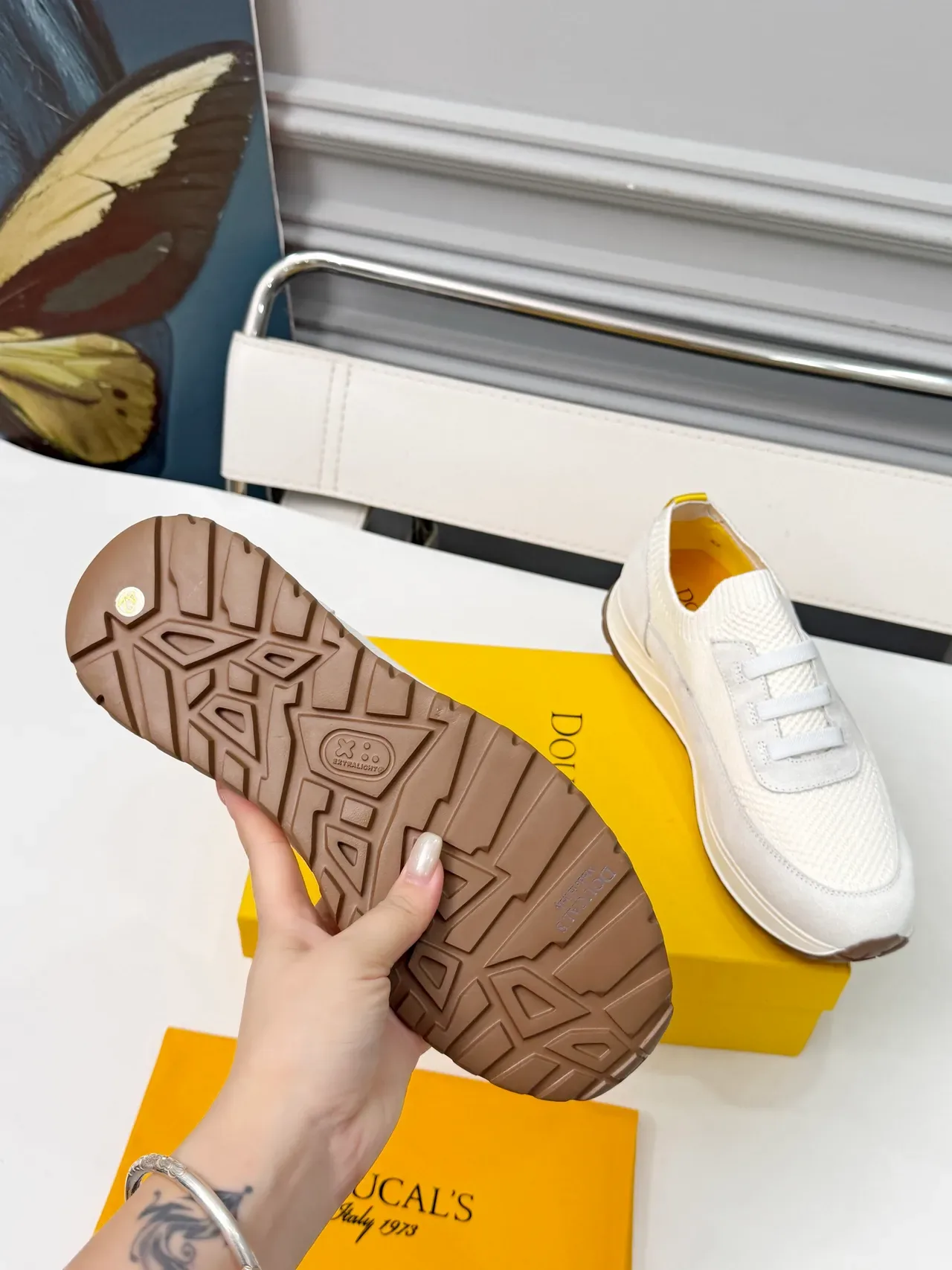 Branco Marrom Sem Cadarço Superior Tricotado Painéis de Malha Texturizados Tênis Lifestyle 2