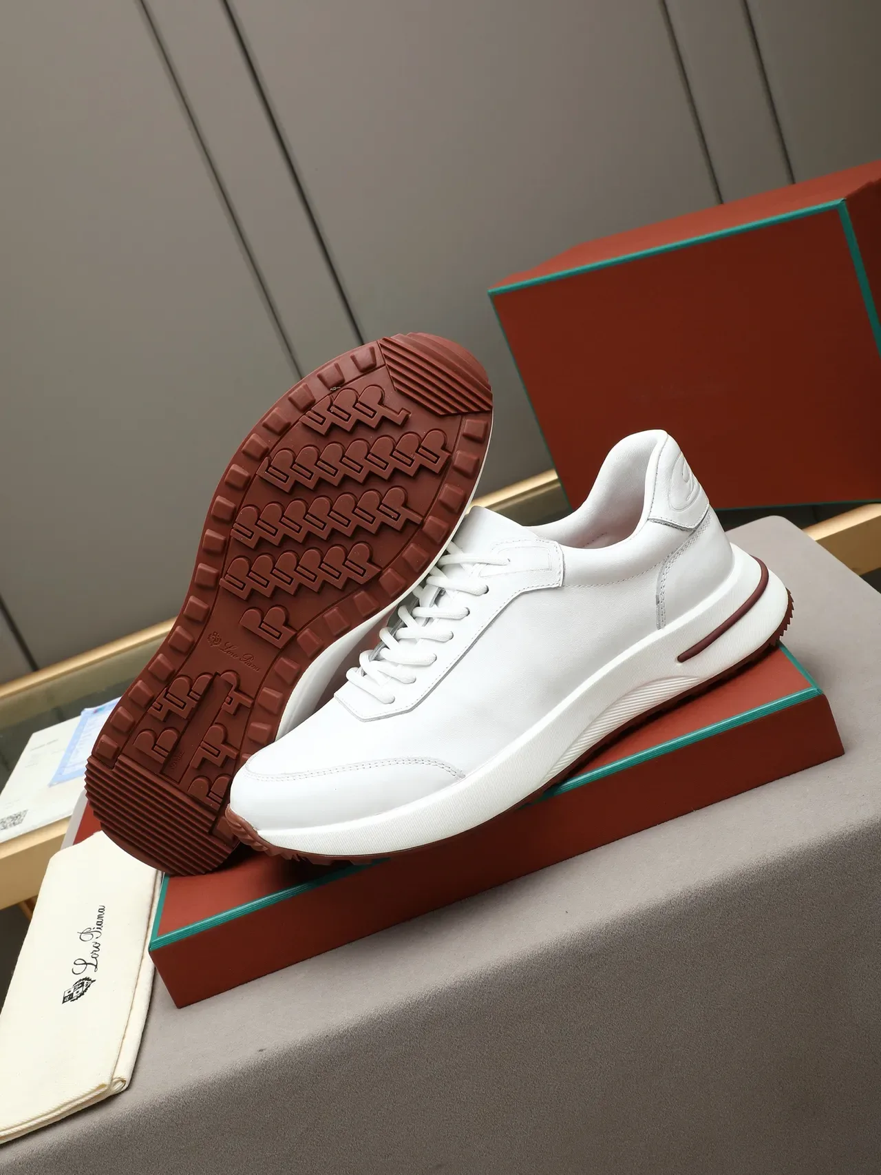 White Brown Leather Upper Sculpted Midsole Sneakers 4