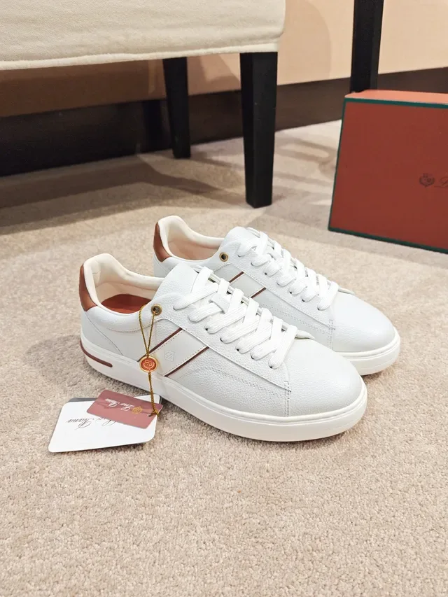 White Brown Low-Top Leather Upper Sneakers 5