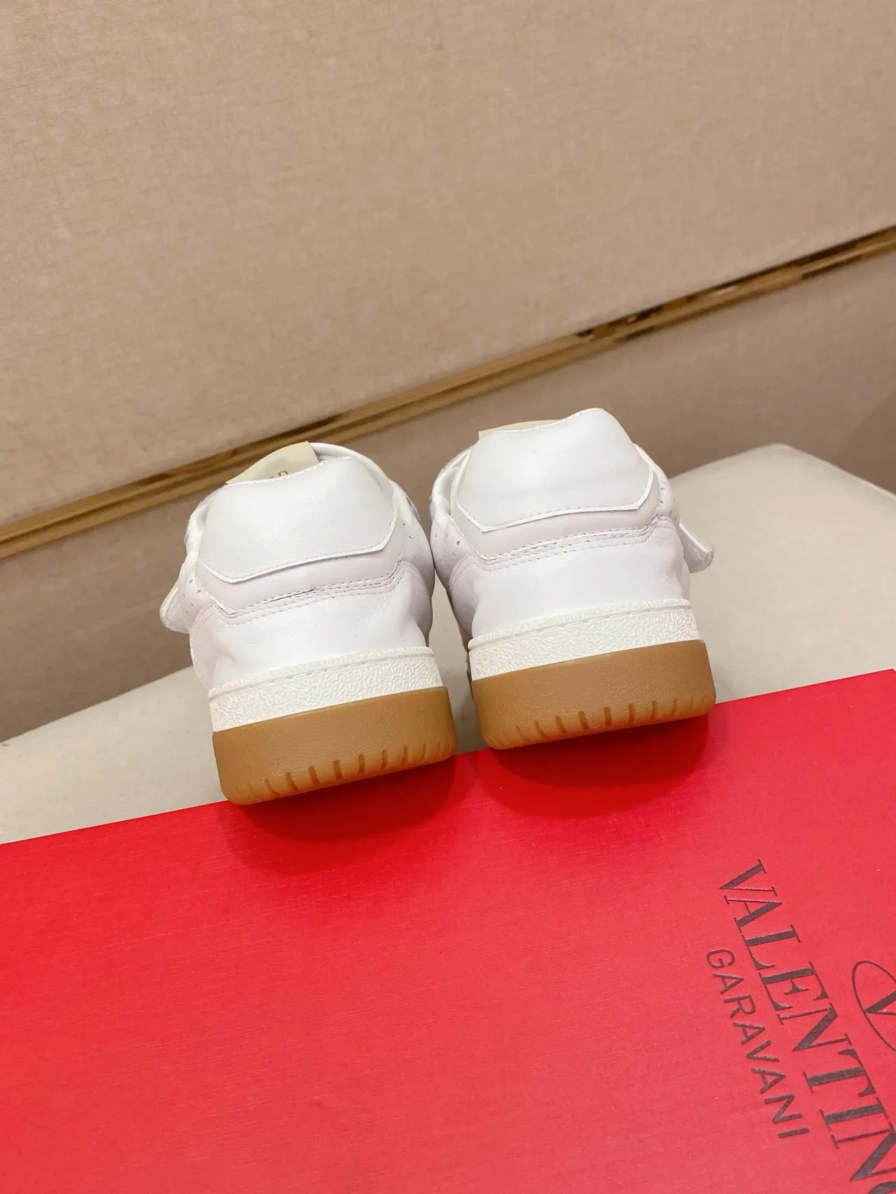 White Brown Strap-Closure Perforated Leather Sneakers 3