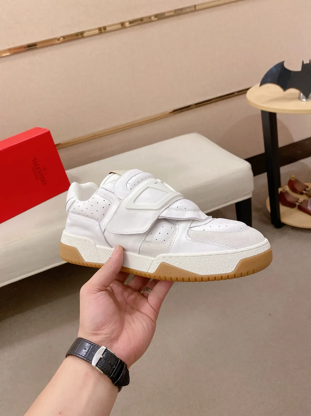 White Brown Strap-Closure Perforated Leather Sneakers 4