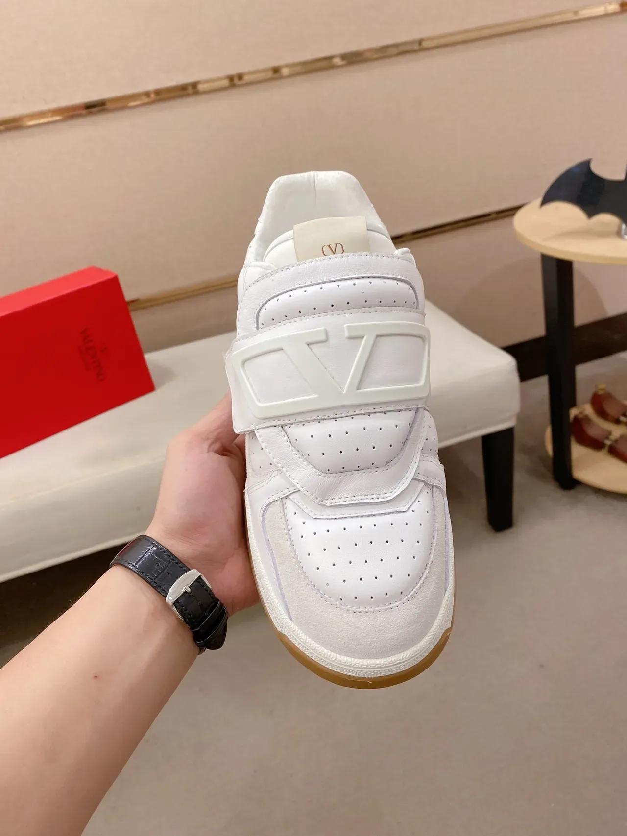 White Brown Strap-Closure Perforated Leather Sneakers 5