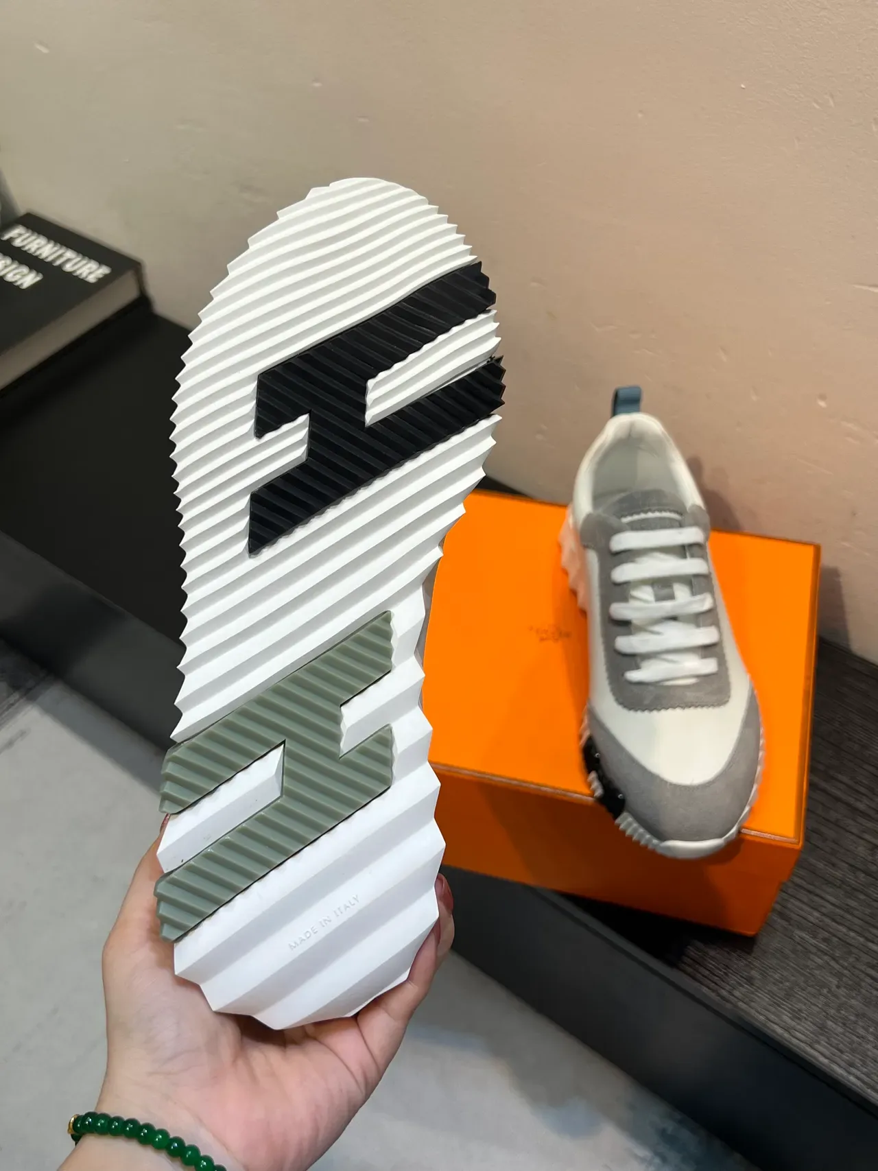 White Gray Sculpted Ridged Sole Mixed Leather And Suede Sneakers 9