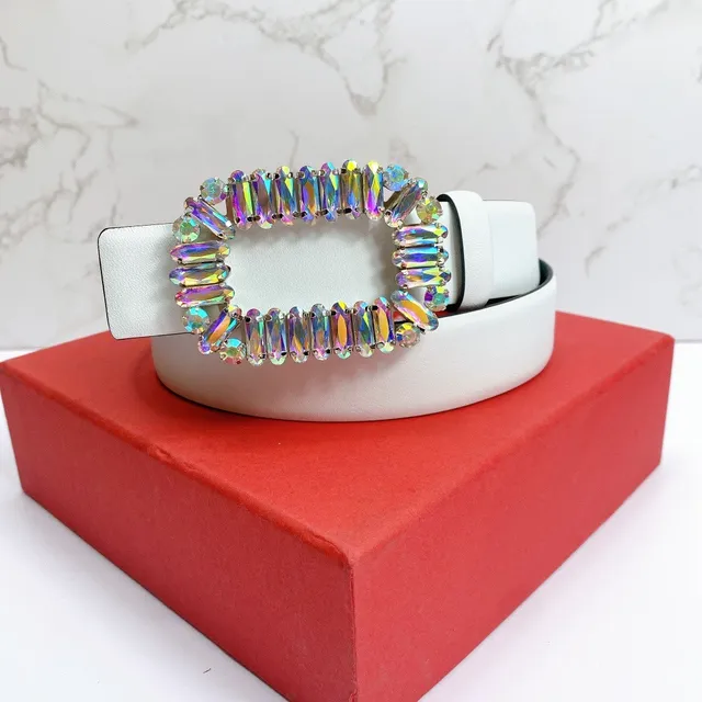 White Multicolor Strap Iridescent Crystal Buckle Leather Belt 1
