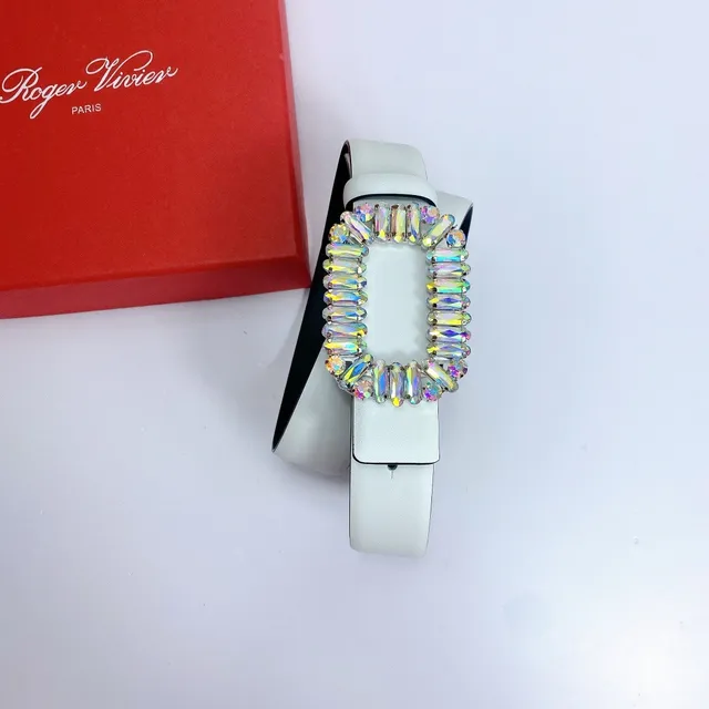 White Multicolor Strap Iridescent Crystal Buckle Leather Belt 2