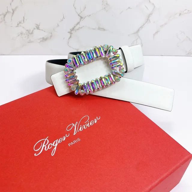White Multicolor Strap Iridescent Crystal Buckle Leather Belt 4