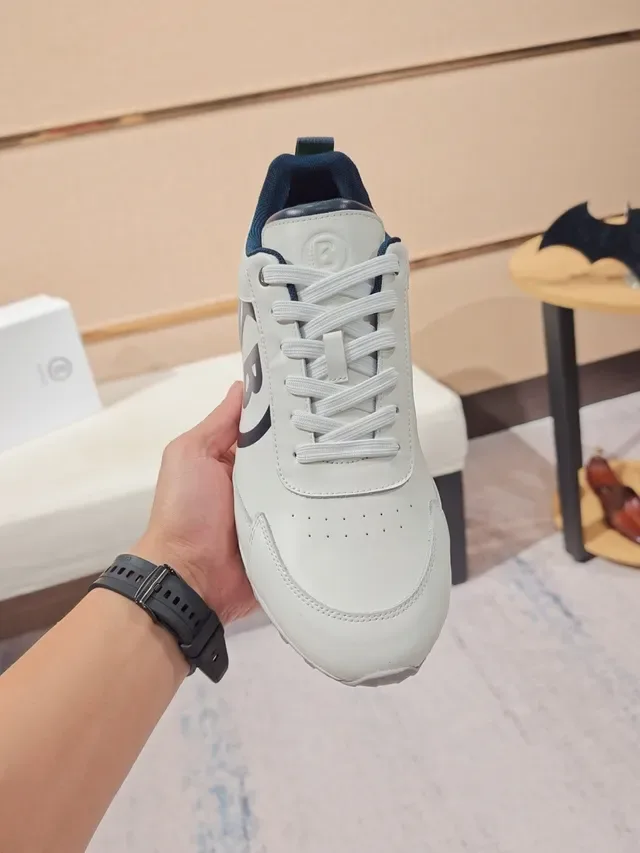 White Navy Monogrammed Side Panel Leather Upper Sneakers 5