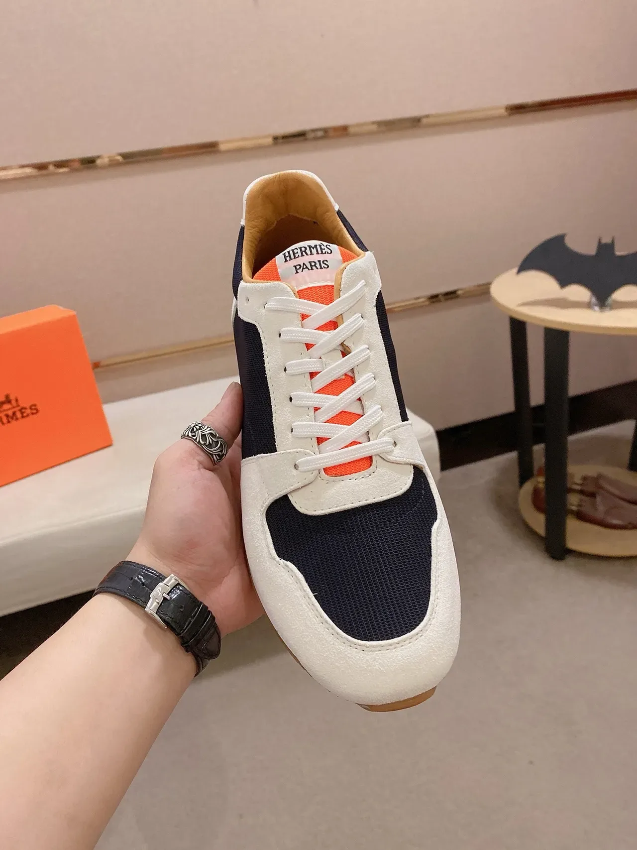 White Navy Orange Mixed-Material Retro Runner Sneaker 2