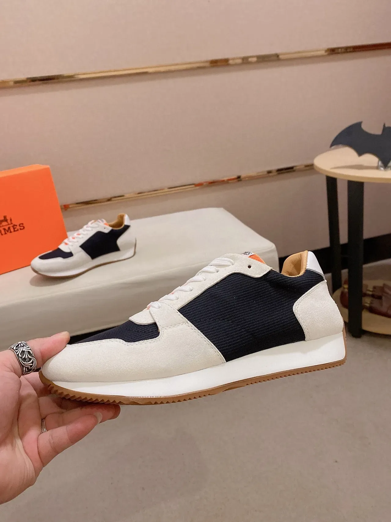 White Navy Orange Mixed-Material Retro Runner Sneaker 3