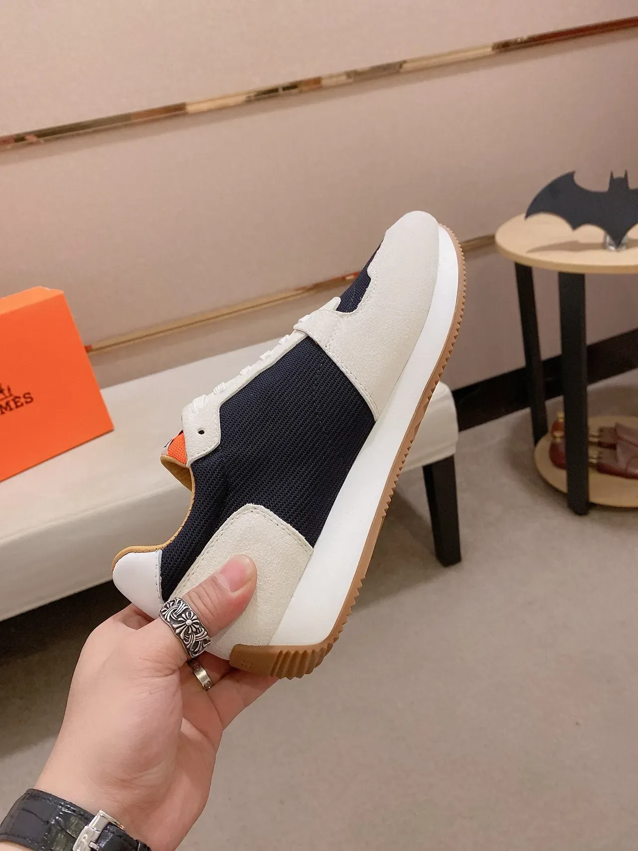 White Navy Orange Mixed-Material Retro Runner Sneaker 5
