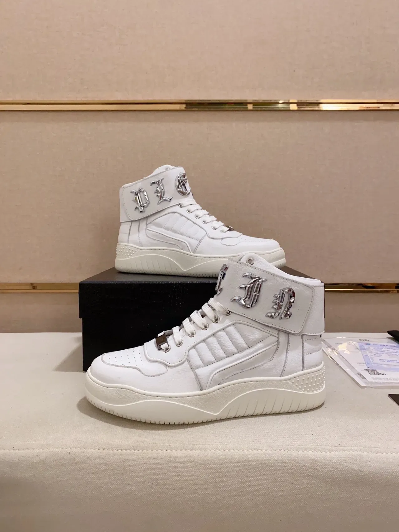White Silver High-Top Leather-Like Upper Sneakers 4