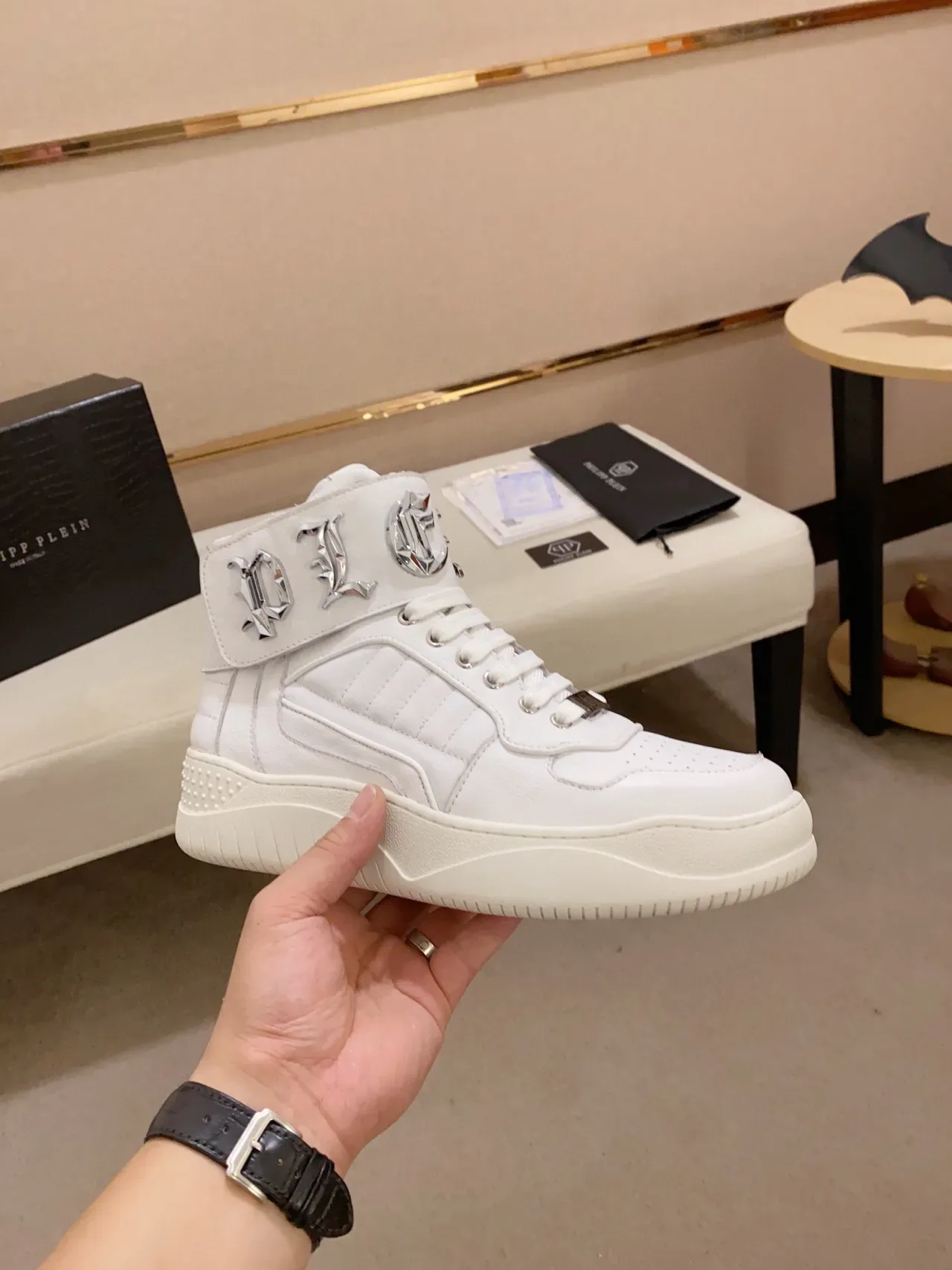 White Silver High-Top Leather-Like Upper Sneakers 7