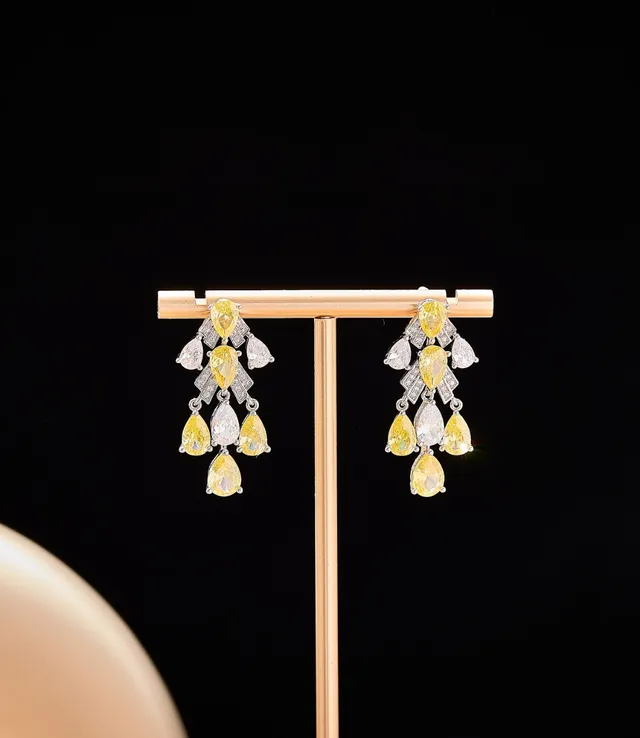 Yellow and Clear Pear-Cut Chandelier Earrings 3