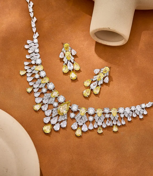 Yellow and Clear Pear-Cut Chandelier Earrings 4