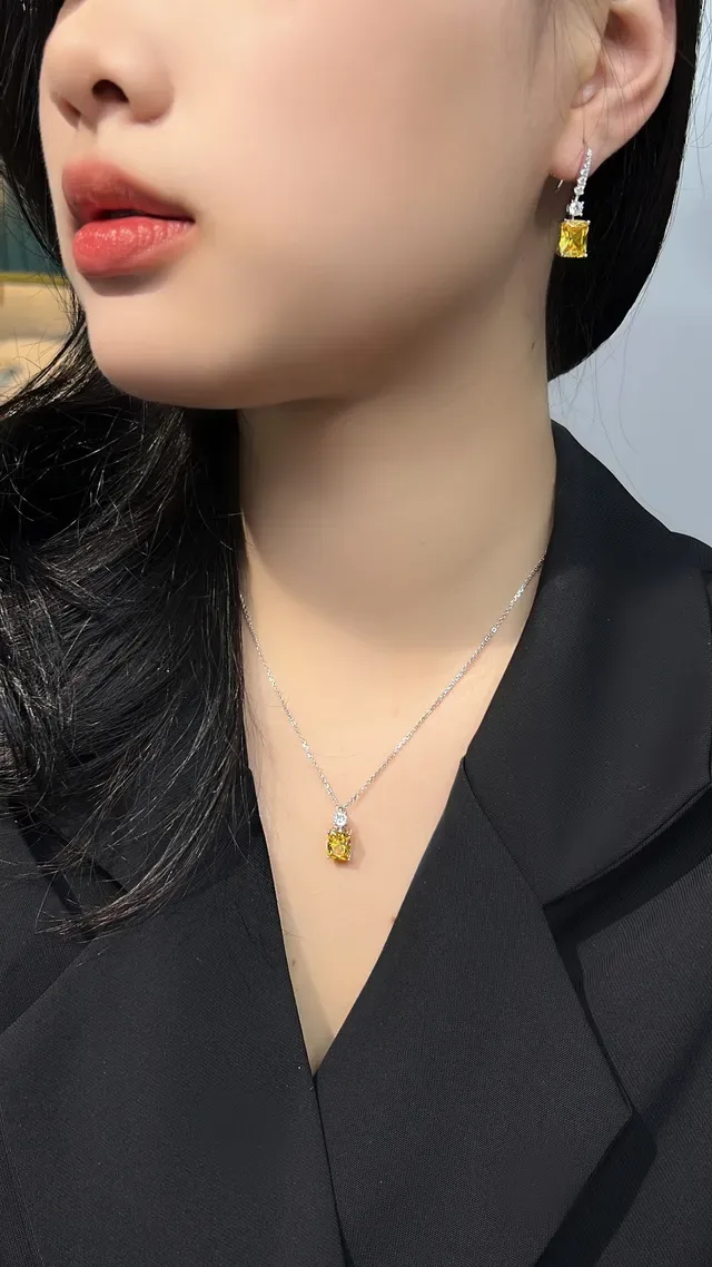 Yellow Silver Drop Rectangular Gemstone Earrings 2