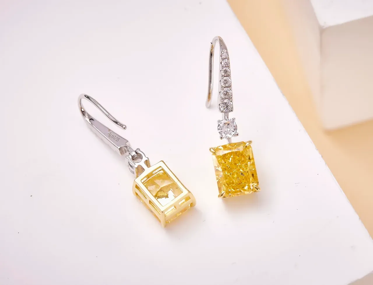 Yellow Silver Drop Rectangular Gemstone Earrings 3