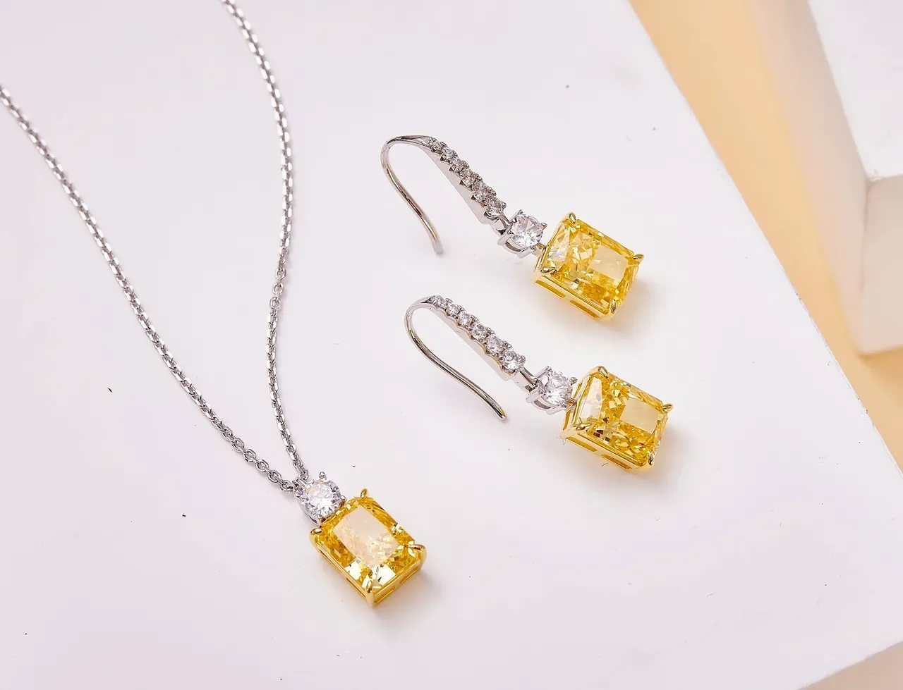 Yellow Silver Drop Rectangular Gemstone Earrings 4