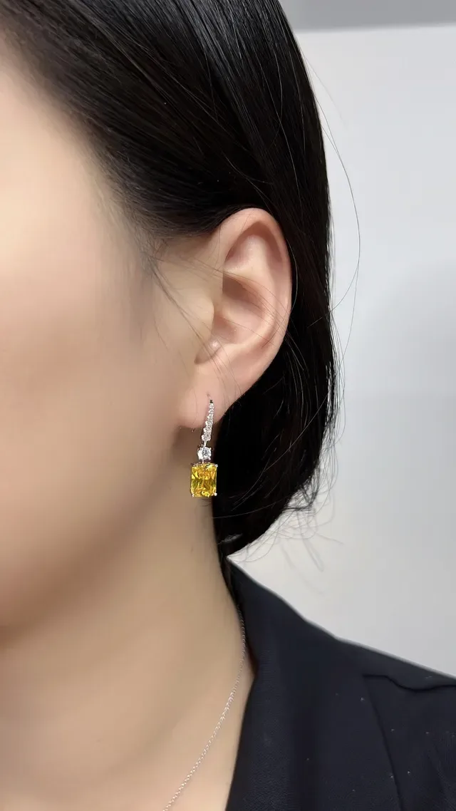 Yellow Silver Drop Rectangular Gemstone Earrings 7