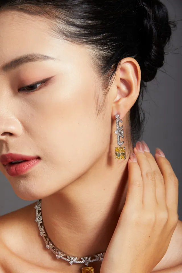 Yellow Silver Geometric Dangling Earrings 2