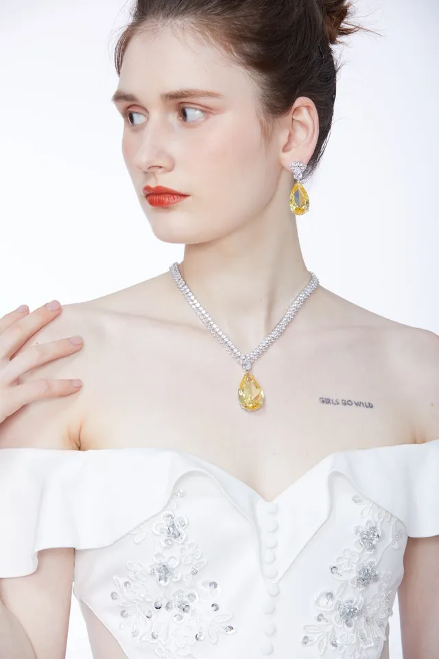 Yellow Teardrop Crystal Floral Drop Earrings 2