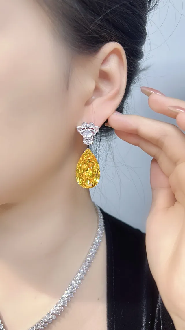 Yellow Teardrop Crystal Floral Drop Earrings 7