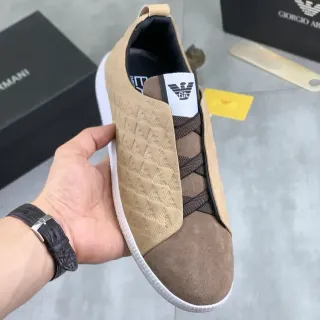 Giorgio Armani Beige Brown Embossed Eagle Motif Slip-On Construction Lifestyle Sneakers