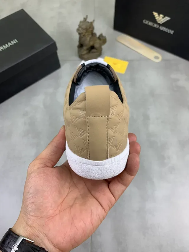 Giorgio Armani Beige Brown Embossed Eagle Motif Slip-On Construction Lifestyle Sneakers 3