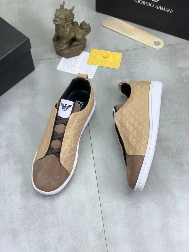 Giorgio Armani Beige Brown Embossed Eagle Motif Slip-On Construction Lifestyle Sneakers 5