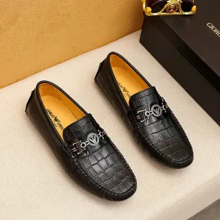 Giorgio Armani Black Beige Crocodile-Embossed Leather Metal Eagle-Buckle Hardware Loafer