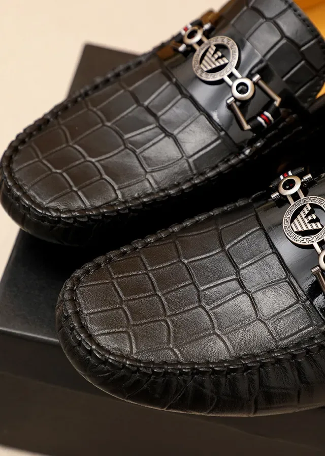 Giorgio Armani Black Beige Crocodile-Embossed Leather Metal Eagle-Buckle Hardware Loafer 5