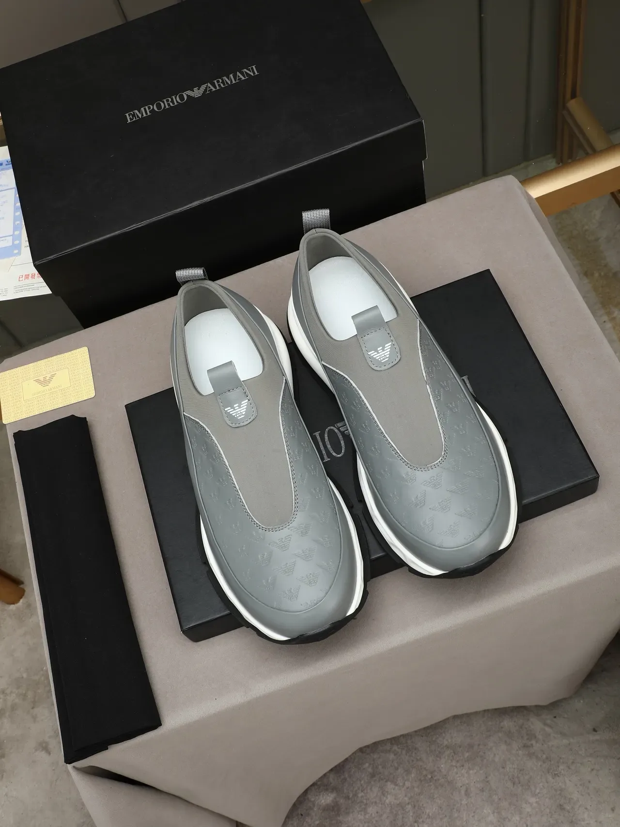 Giorgio Armani Gray White Slip-On Embossed Logo Panel Lifestyle Sneakers 3