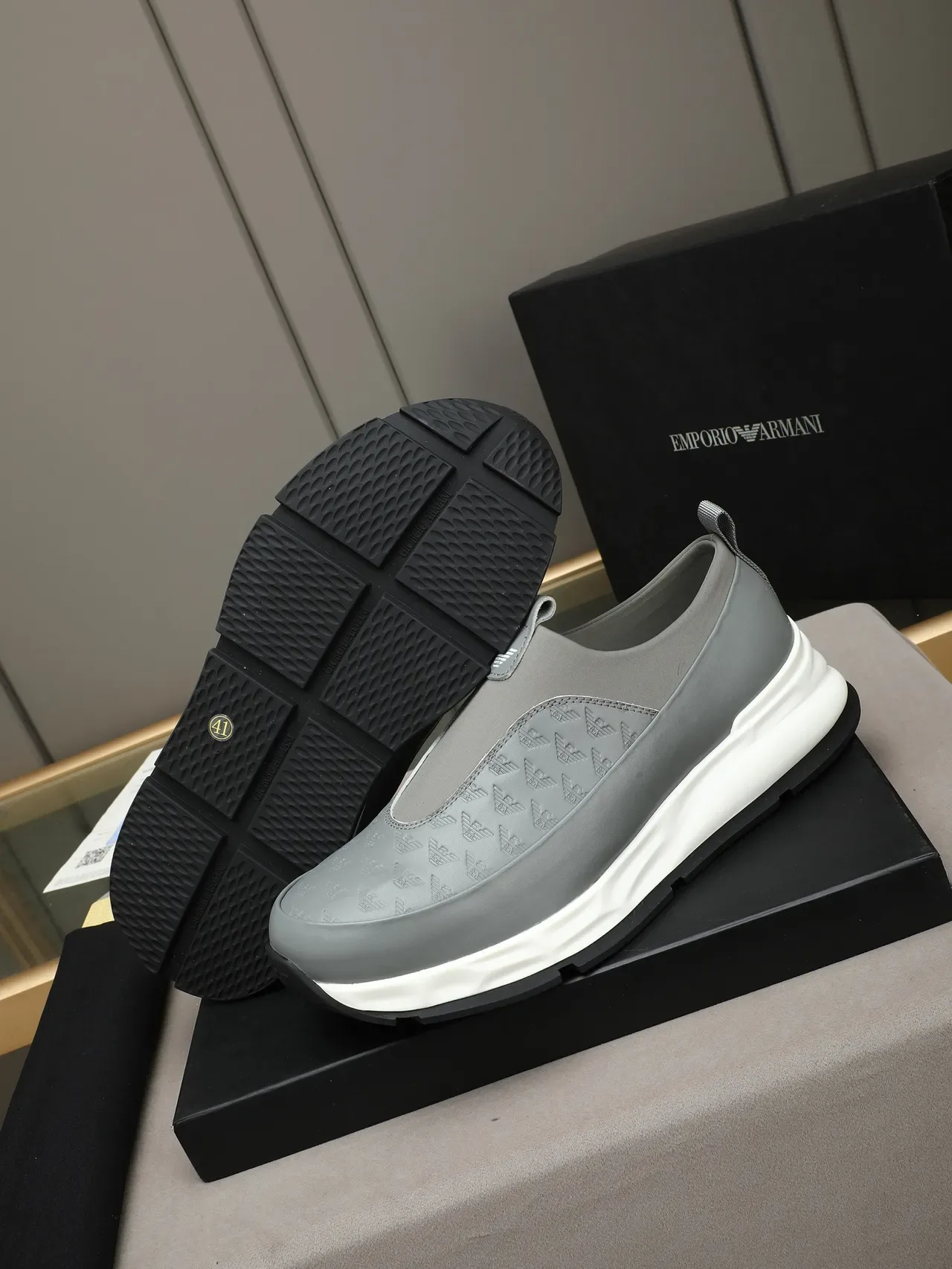 Giorgio Armani Gray White Slip-On Embossed Logo Panel Lifestyle Sneakers 4