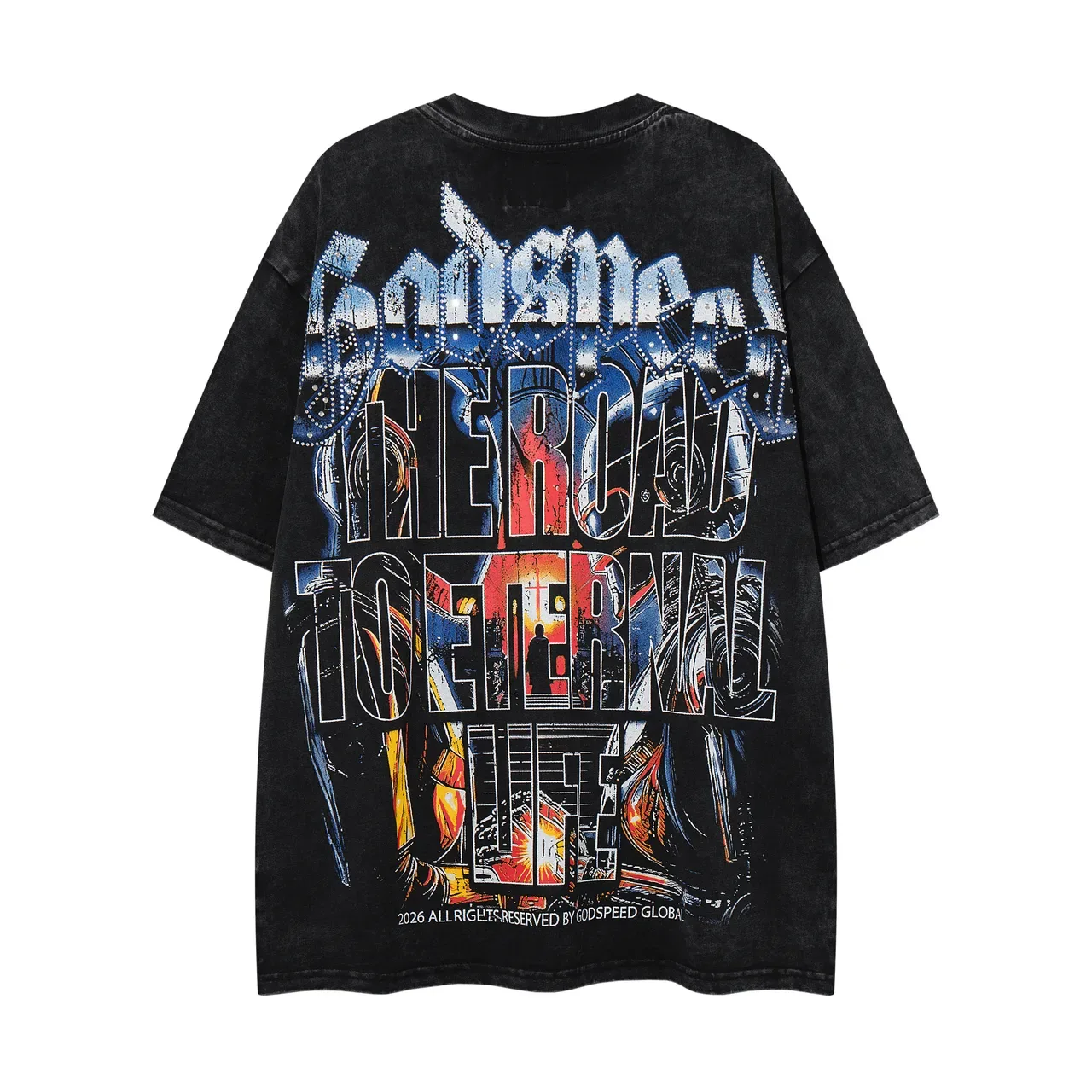 Godspeed The Road To Eternal Life Oversized Distressed Black Graphic T-Shirt 2