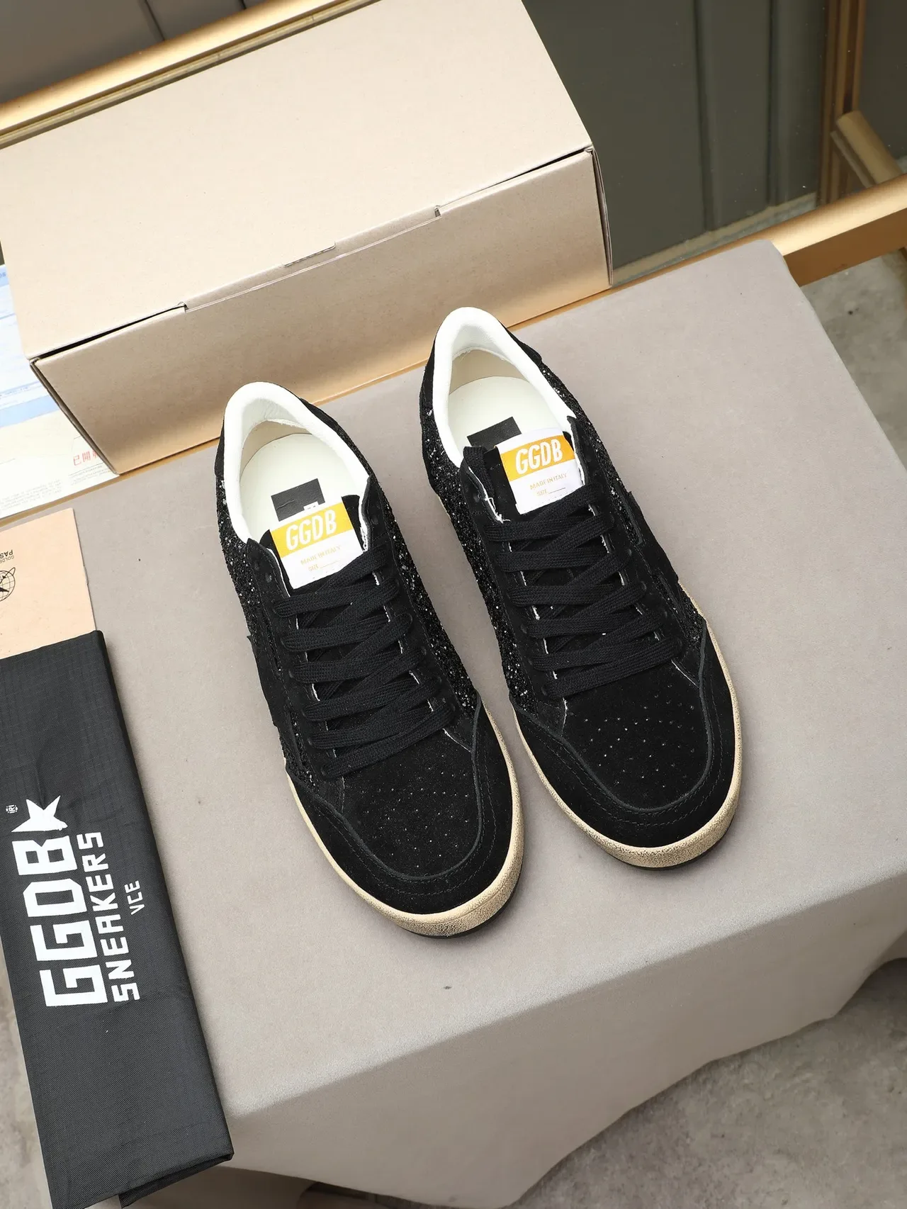 Golden Goose Ball Star Preto Bege Camurça Prata Brilho Camada Tênis Lifestyle 2