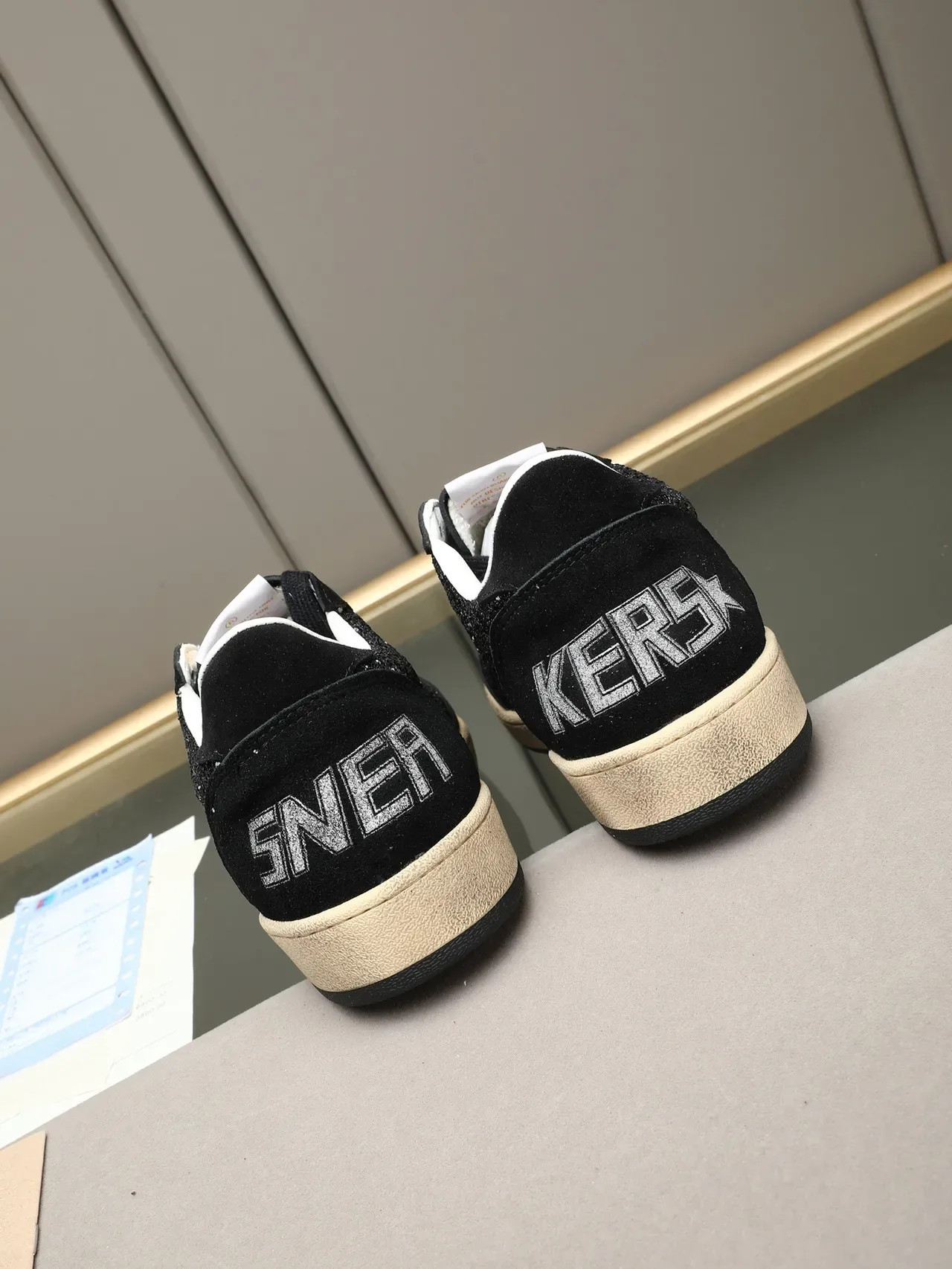 Golden Goose Ball Star Preto Bege Camurça Prata Brilho Camada Tênis Lifestyle 3