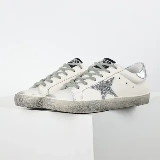 Golden Goose Superstar White Silver Distressed Rubber Sole Glitter Star Patch Lifestyle Sneakers
