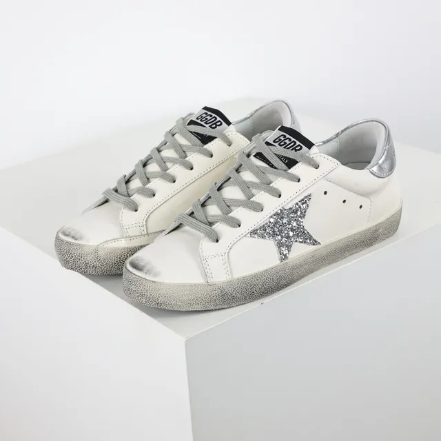 Golden Goose Superstar White Silver Distressed Rubber Sole Glitter Star Patch Lifestyle Sneakers 2