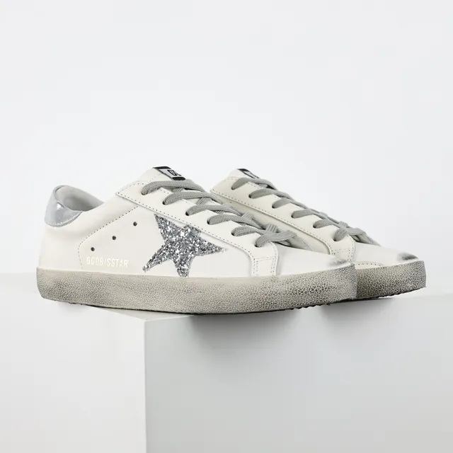 Golden Goose Superstar White Silver Distressed Rubber Sole Glitter Star Patch Lifestyle Sneakers 3