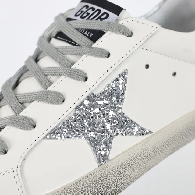 Golden Goose Superstar White Silver Distressed Rubber Sole Glitter Star Patch Lifestyle Sneakers 6