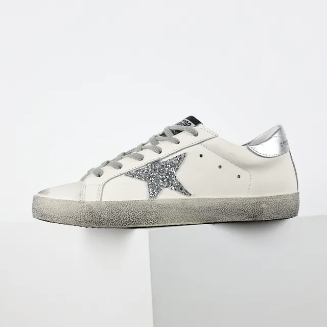 Golden Goose Superstar White Silver Distressed Rubber Sole Glitter Star Patch Lifestyle Sneakers 9