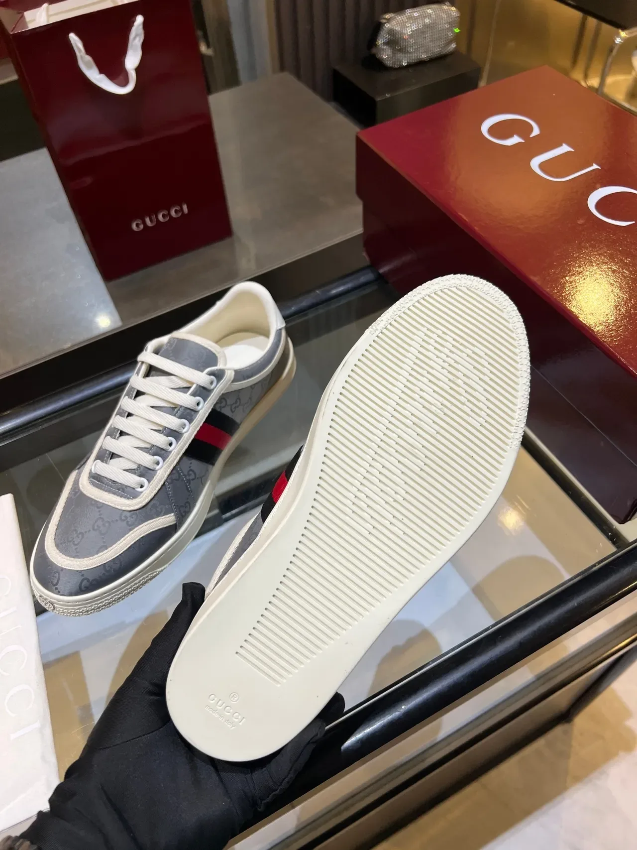 Gucci Ace Gray GG Monogram Web Stripe Lifestyle Sneakers 2