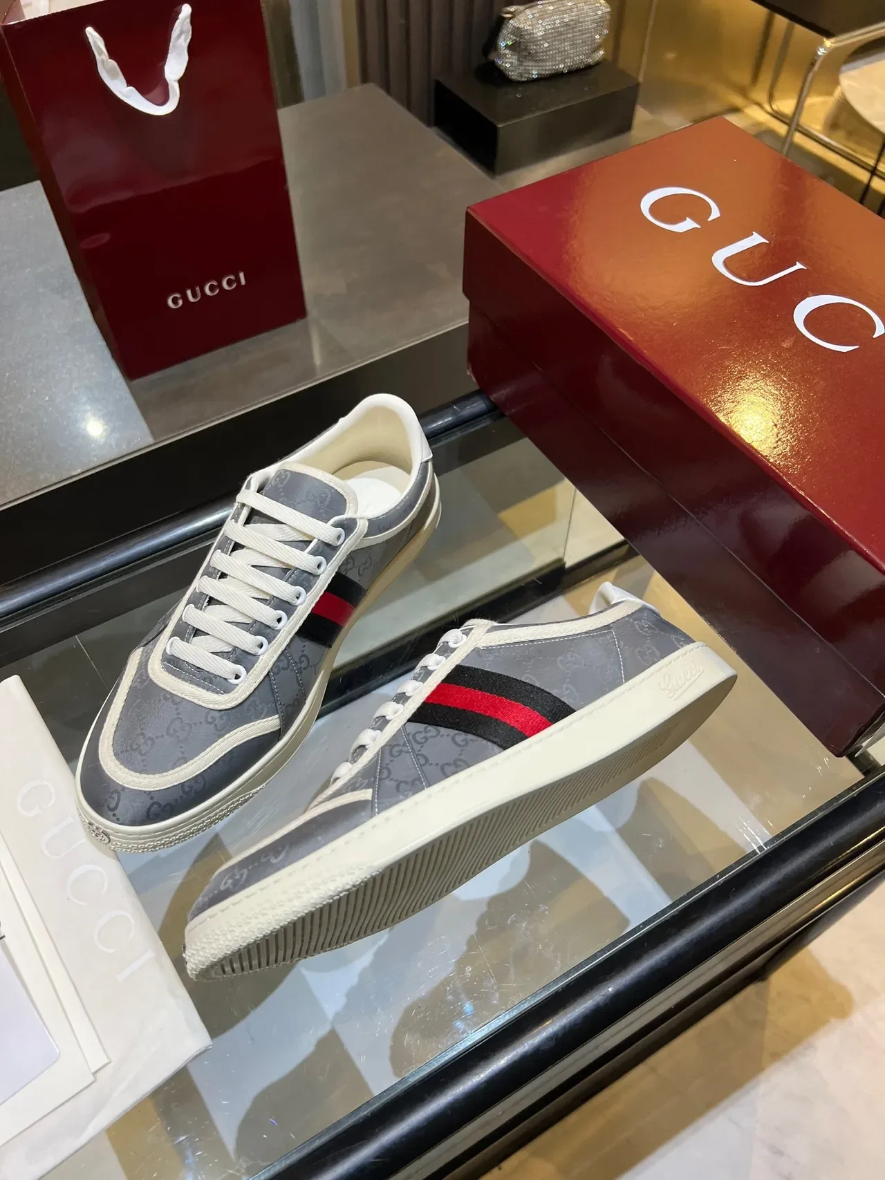 Gucci Ace Gray GG Monogram Web Stripe Lifestyle Sneakers 4