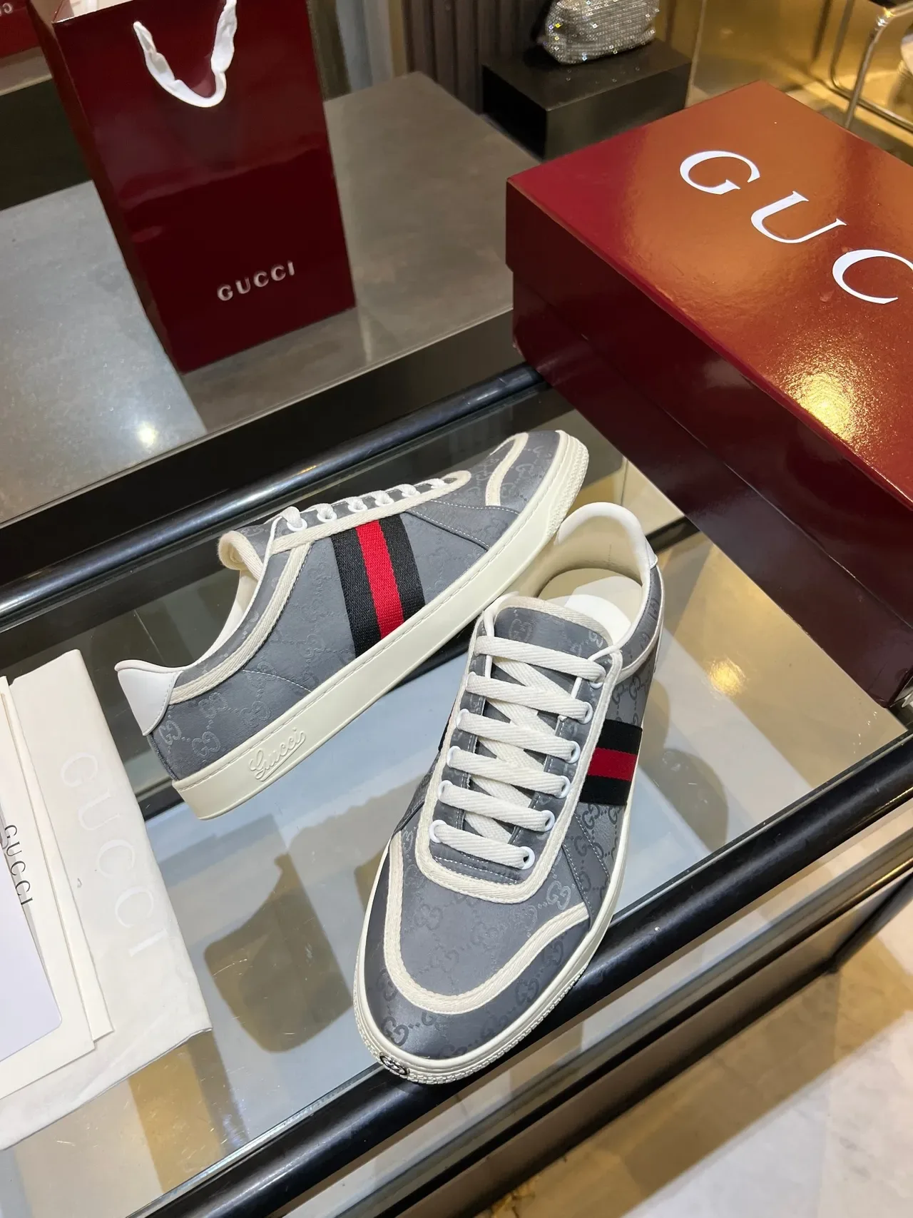 Gucci Ace Gray GG Monogram Web Stripe Lifestyle Sneakers 5